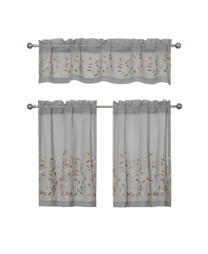 Kate Aurora Shabby Sheer Embroidered Complete 3 Piece Floral Rod Pocket Cafe Kitchen Curtain Tier & Valance Set