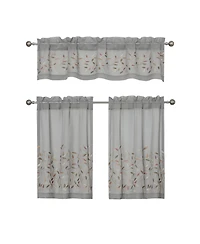 Kate Aurora Shabby Sheer Embroidered Complete 3 Piece Floral Rod Pocket Cafe Kitchen Curtain Tier & Valance Set
