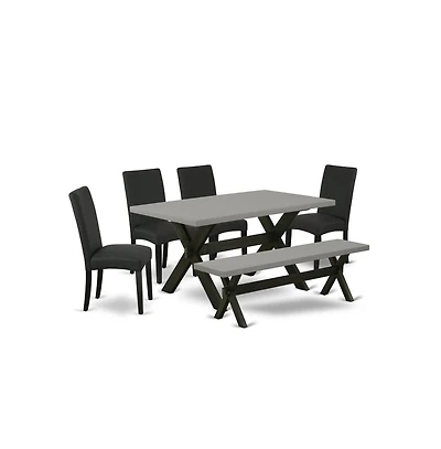 East West Furniture 6-Pc Modern Dining Set- 4 Mid Century Dining Chairs with Black Linen Fabric Seat and Stylish Chair Back