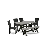 East West Furniture 6-Pc Modern Dining Set- 4 Mid Century Dining Chairs with Black Linen Fabric Seat and Stylish Chair Back