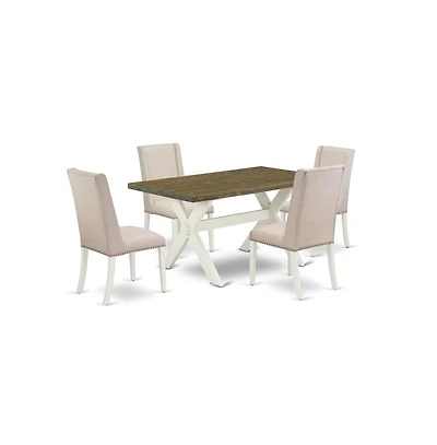 East West Furniture 5-Piece Modern Dining Room Set an Excellent Distressed Jacobean Dining Table Top and 4 Attractive Linen Fabric Parson Chairs with