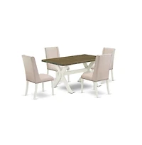 East West Furniture 5-Piece Modern Dining Room Set an Excellent Distressed Jacobean Dining Table Top and 4 Attractive Linen Fabric Parson Chairs with