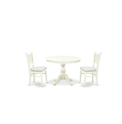 East West Furniture 3-Piece Dinette Room Set- 2 Wooden Chairs and Kitchen Dining Table - Linen Fabric Seat and Slatted Chair Back