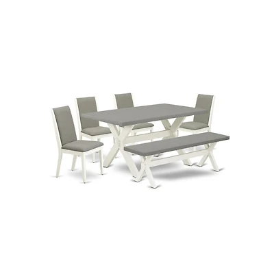 East West Furniture 6-Piece Fashionable Modern Dining Table Set a Superb Cement Color Kitchen Table Top and Cement Color Bench and 4 Gorgeous Linen Fa