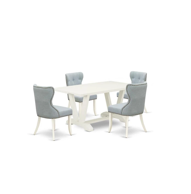 East West Furniture 5-Piece Dining Room Table Set- 4 Parson Chairs with Baby Blue Linen Fabric Seat and Button Tufted Chair Back