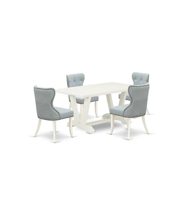 East West Furniture 5-Piece Dining Room Table Set- 4 Parson Chairs with Baby Blue Linen Fabric Seat and Button Tufted Chair Back