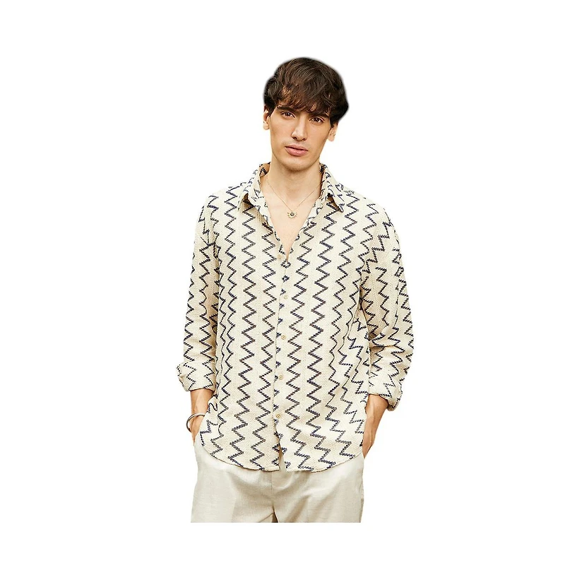 Campus Sutra Men's Cream White Zig-Zag Knit Shirt