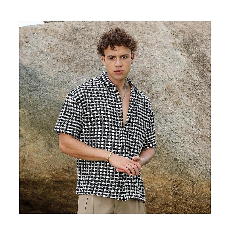 Campus Sutra Men's Midnight Black & Powder White Lozenge-Striped Oversized Shirt