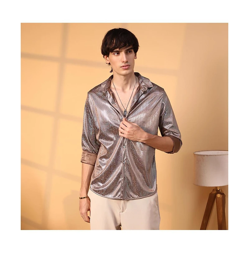 Campus Sutra Men's Metallic Brown Sheen Chevron Shirt