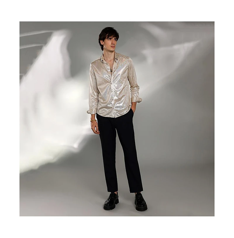 Campus Sutra Men's Metallic Beige Sheen Chevron Shirt
