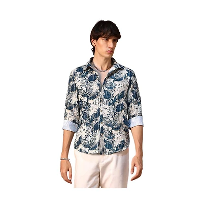 Campus Sutra Men's Ivory White & Indigo Blue Foliage-Waffle Shirt