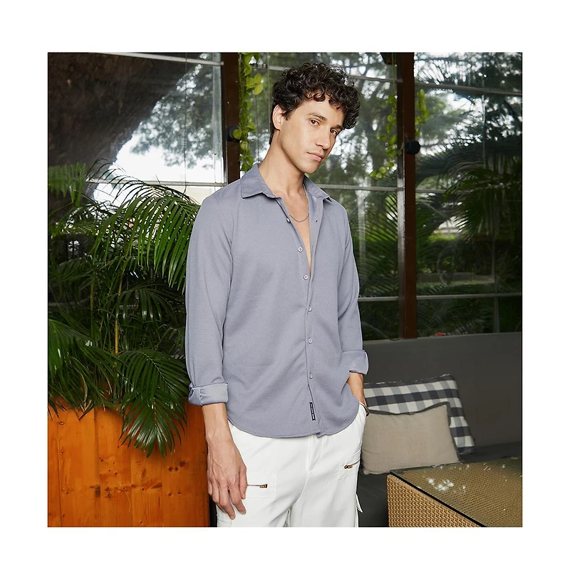 Campus Sutra Men's Coin Grey Waffle-Textured Shirt