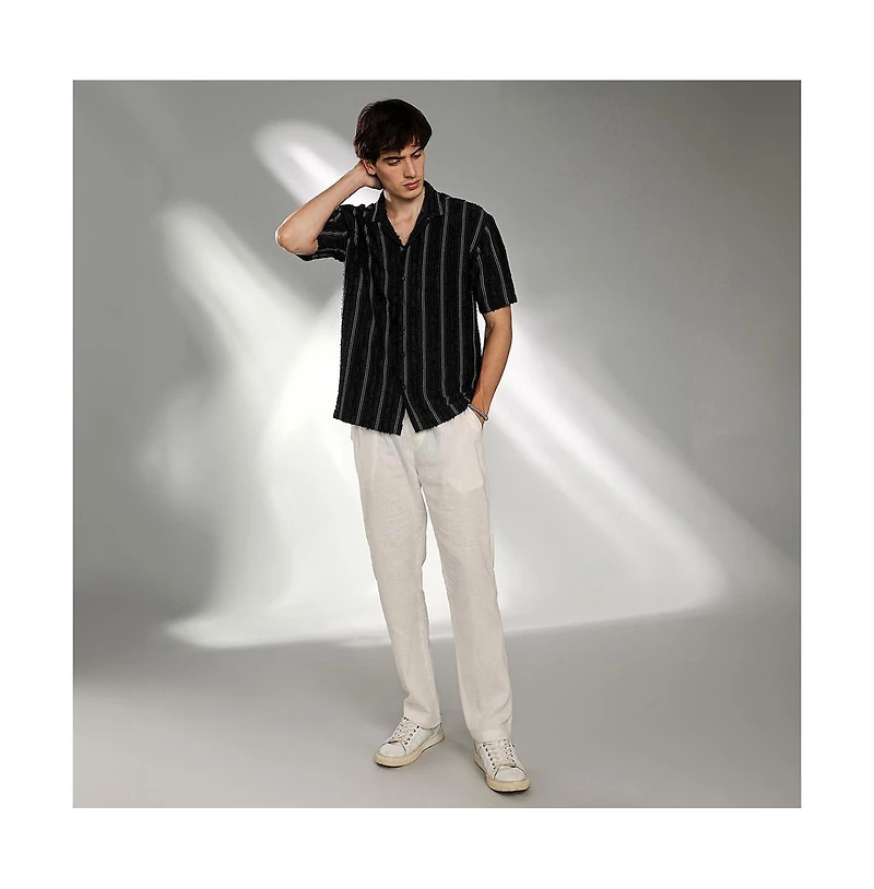 Campus Sutra Men's Raven Black Unhemmed Striped Oversized Shirt