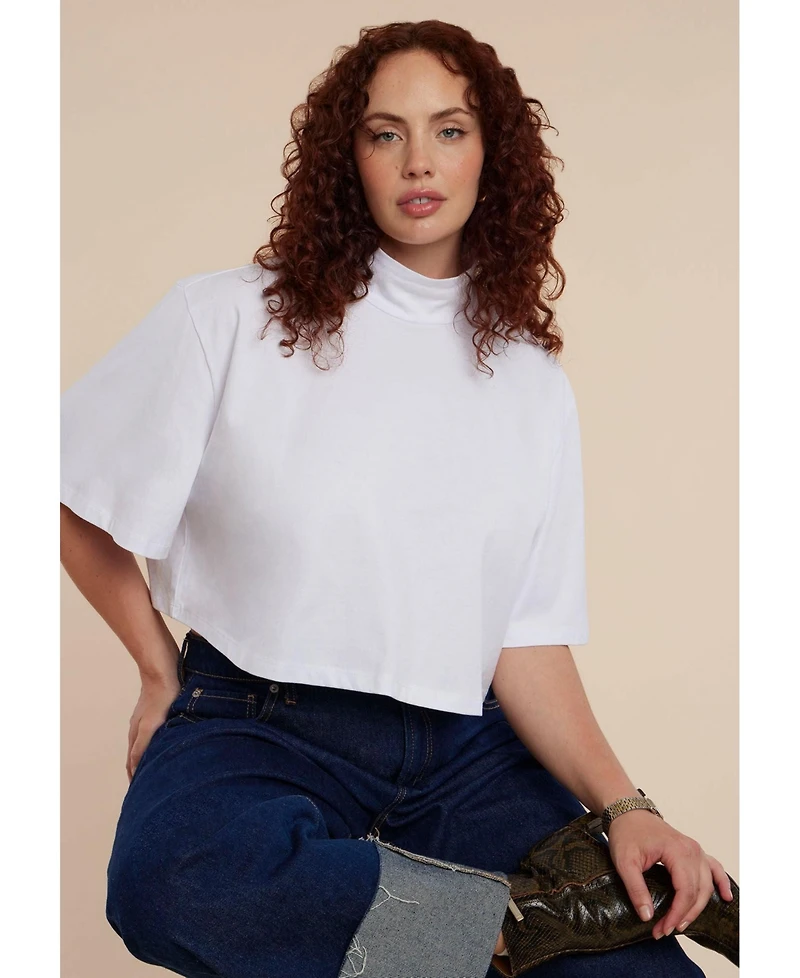 Eloquii Women's Shirred Mockneck Top With Sheer Sleeve