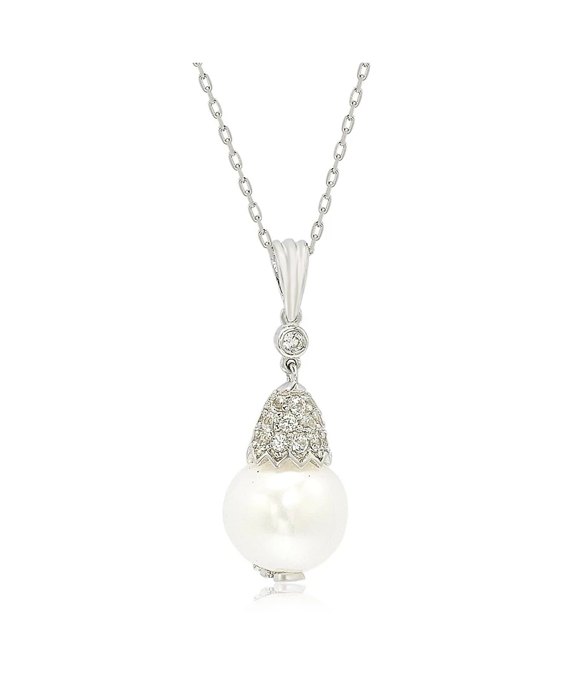 Suzy Levian Sterling Silver Pearl & White Sapphire Crown Pendant