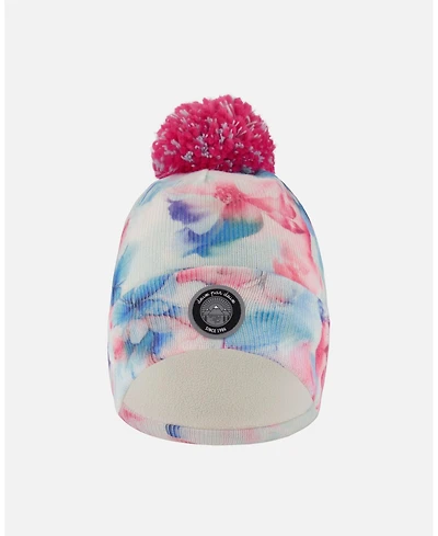 Deux par Girl Lined Knit Pompom Hat Blue Flower Print - Toddler|Child