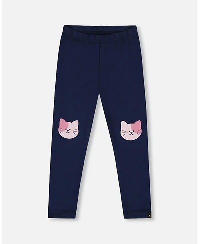 Deux par Baby Girls Cotton Jersey Leggings Dark Blue with Cats