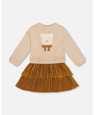 Deux par Big Girls Bi-Material Dress Caramel Brown with Layered Skirt
