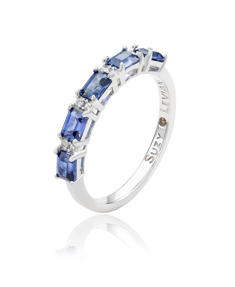 Suzy Levian New York Sterling Silver Sapphire & Created White 5 Stone Emerald Cut Thin Half Band Ring