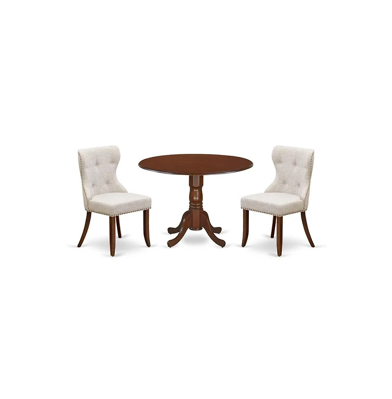 East West Furniture dining room table set of two wonderful dining chairs using Linen Fabric Doeskin color and a fantastic two 9"" drop leaf