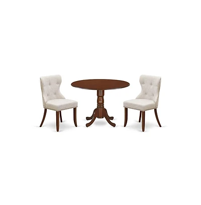 East West Furniture dining room table set of two wonderful dining chairs using Linen Fabric Doeskin color and a fantastic two 9"" drop leaf