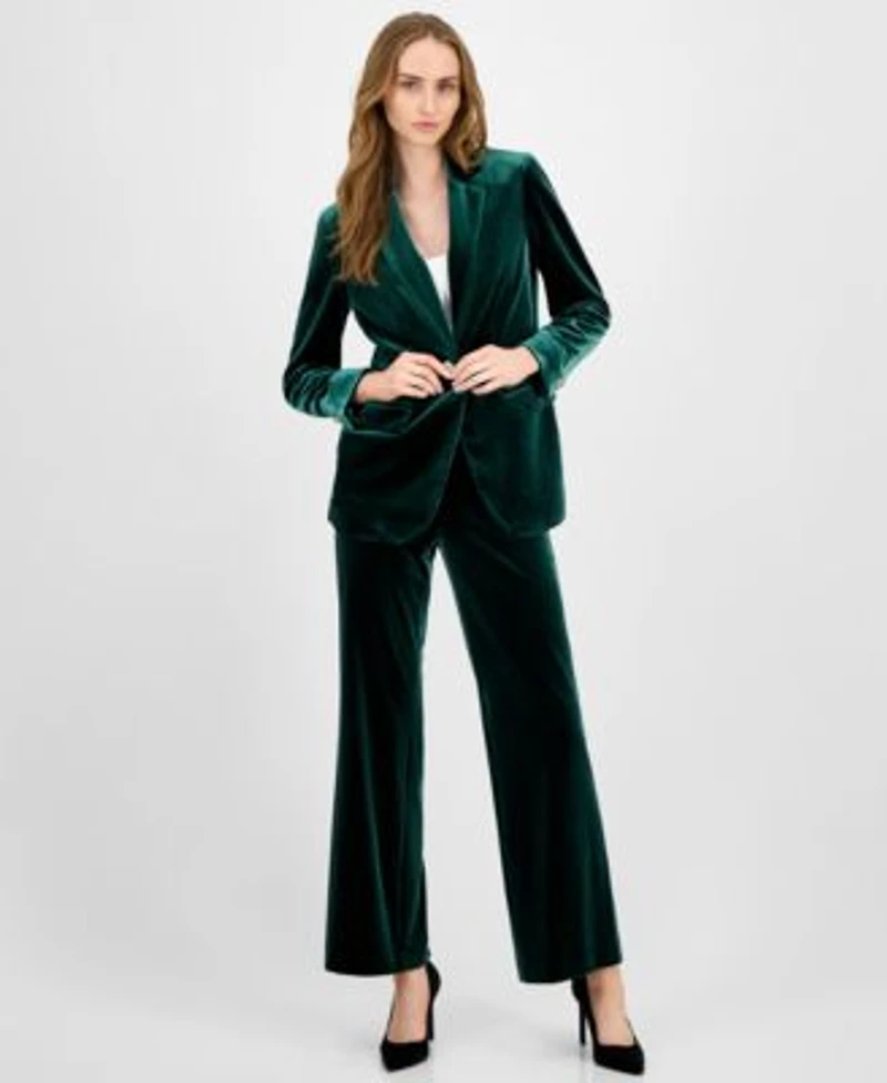 Anne Klein Womens Velvet One Button Notch Collar Jacket Velvet High Rise Pull On Wide Leg Pants