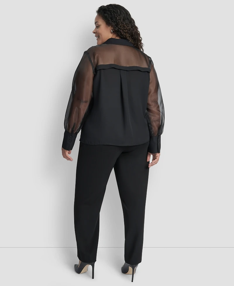 Dkny Plus Collared Mixed-Media Illusion Blouse