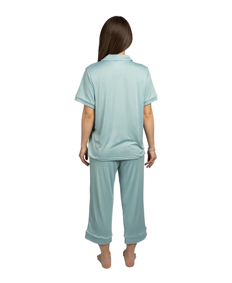 Bcbg Maxazria Women's Short Sleeve Notch Collar Top and Capri Pants Pajamas 2-Piece Set