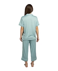 Bcbg Maxazria Women's Short Sleeve Notch Collar Top and Capri Pants Pajamas 2-Piece Set