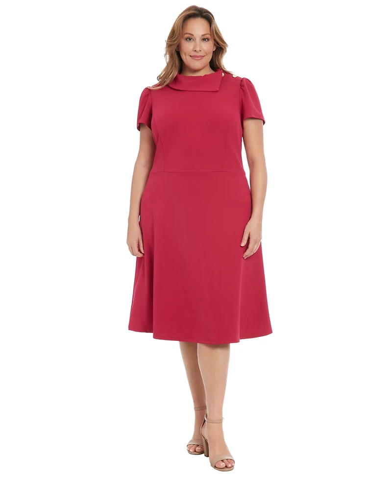 London Times Plus Foldover-Neck Fit & Flare Dress
