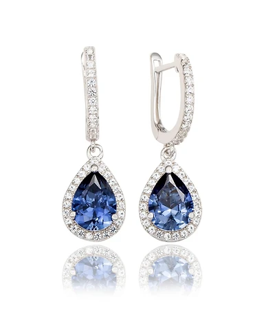 Suzy Levian New York Sterling Silver Sapphire Pear Shape Halo Dangling Earrings