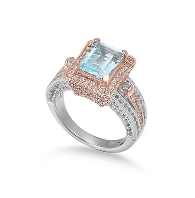 Suzy Levian Two-Tone Sterling Silver Emerald Cut Center Topaz Cocktail Milano Ring
