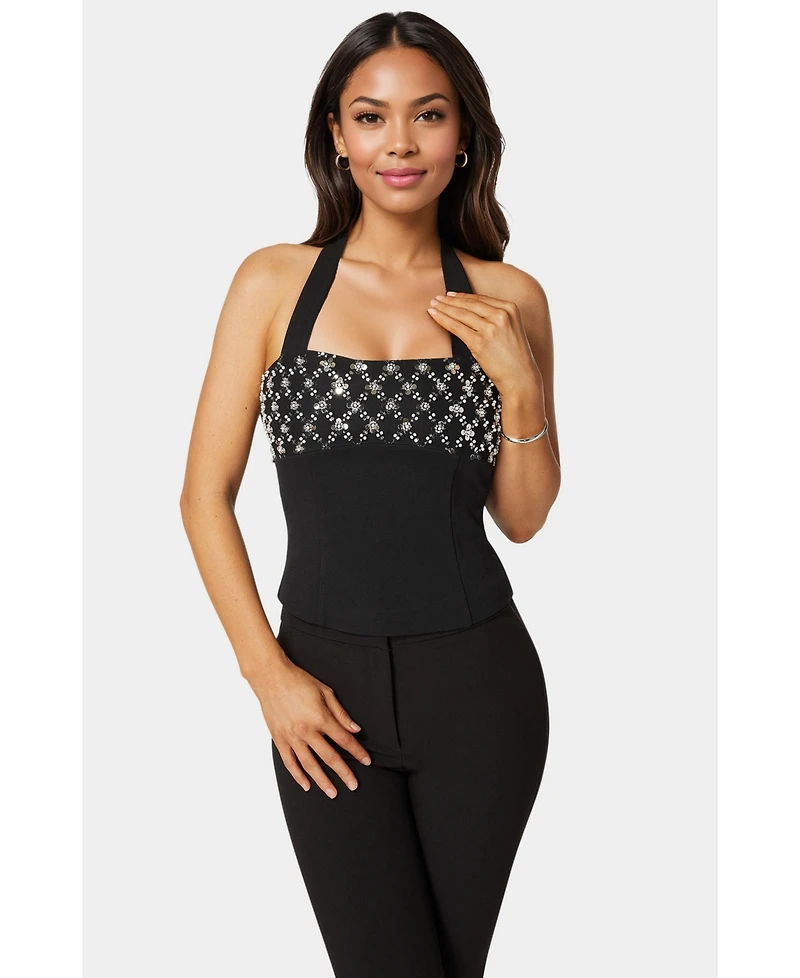 Bebe Women's Halter Neck Bead Sequin Top