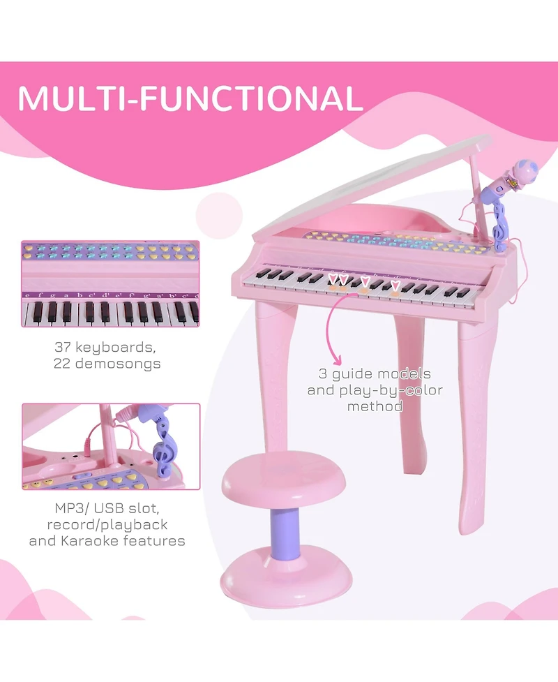 Kids Piano Keyboard Drum Set with Sounds, Microphone, Light, Stool
