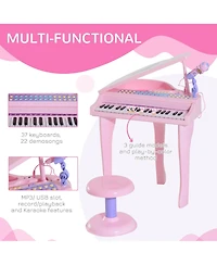 Kids Piano Keyboard Drum Set with Sounds, Microphone, Light, Stool