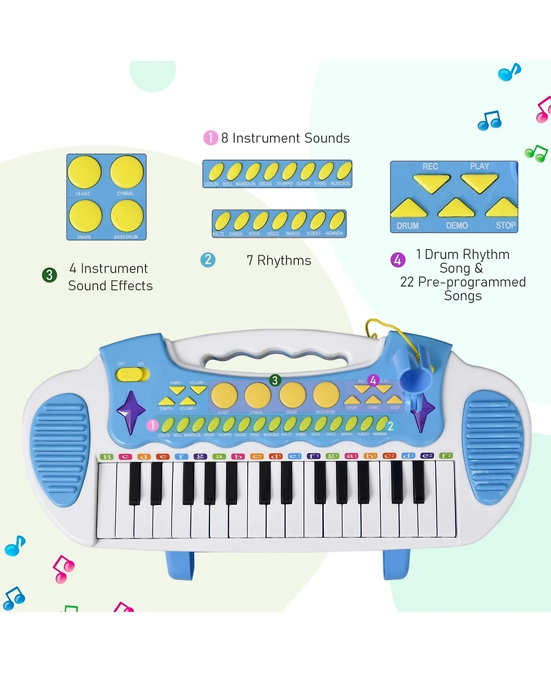 Qaba Kids Toddler Toy Piano Keyboard w/ Sitting Stool & Working Microphone,
