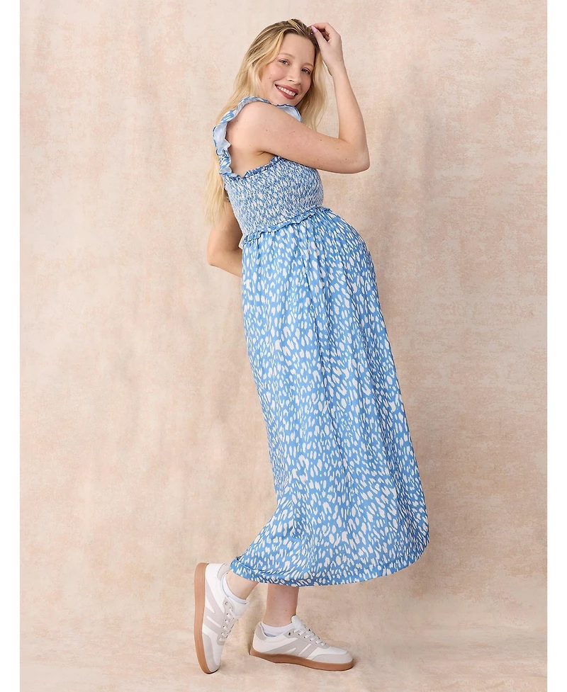 Women's Sleeveless Ruffle Shoulder Smocked Maxi Dress - Motherhood Maternity