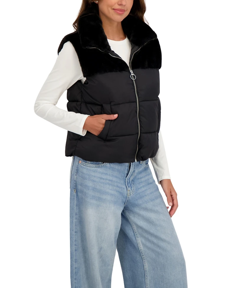 Sebby Collection Women's Short Mix Media Puffer Vest
