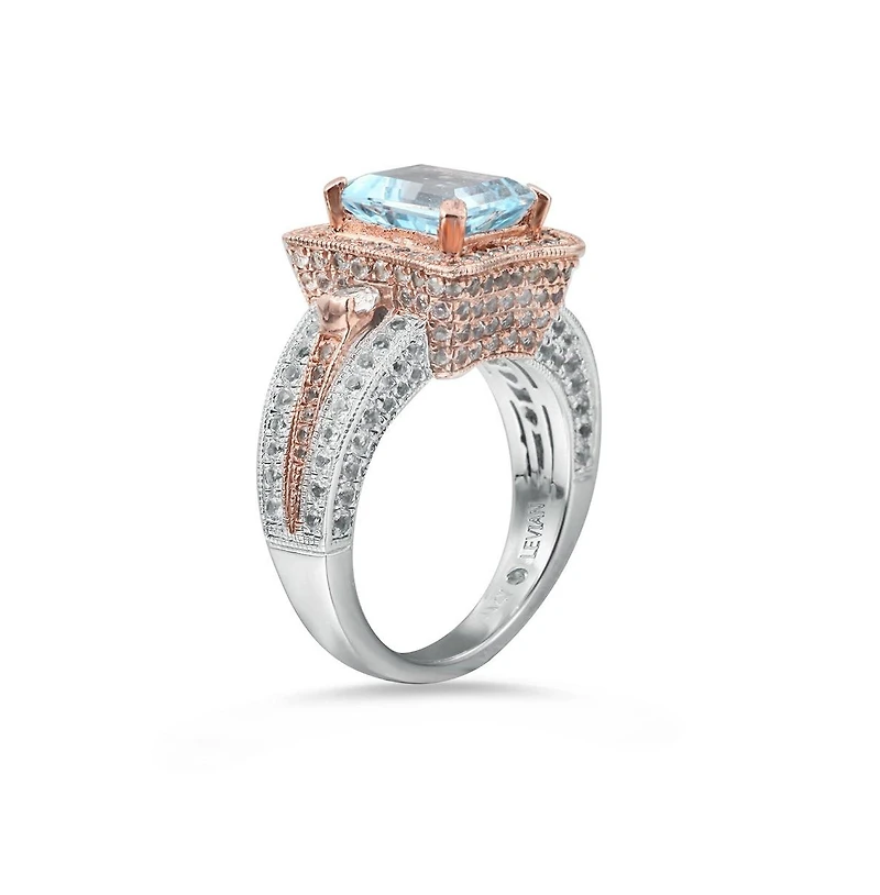 Suzy Levian Two-Tone Sterling Silver Emerald Cut Center Topaz Cocktail Milano Ring