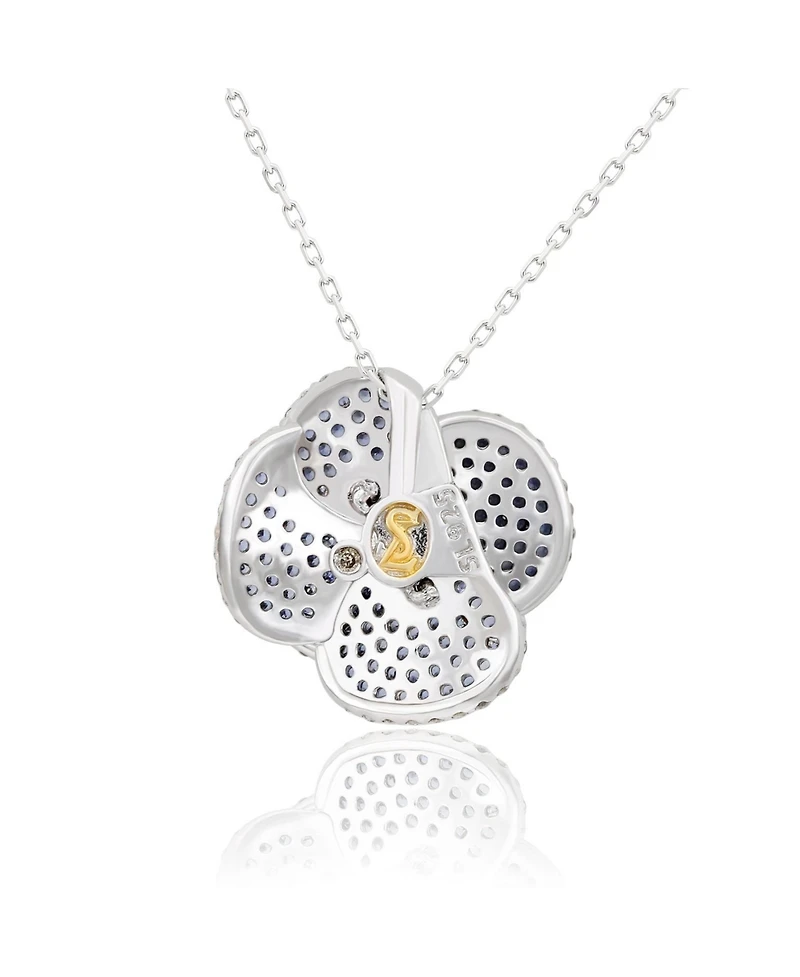 Suzy Levian Sterling Silver Sapphire and Created White Pave Peony Flower Pendant