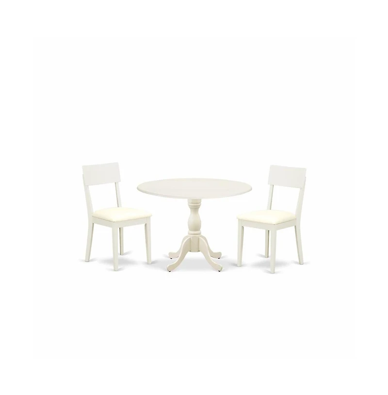 East West Furniture 3 Piece Dinette Set Consists of 1 Drop Leaves Modern Dining Room Table and 2 Linen White Faux Leather Dining Room Chairs with Ladd