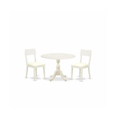 East West Furniture 3 Piece Dinette Set Consists of 1 Drop Leaves Modern Dining Room Table and 2 Linen White Faux Leather Dining Room Chairs with Ladd
