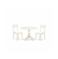East West Furniture 3 Piece Dinette Set Consists of 1 Drop Leaves Modern Dining Room Table and 2 Linen White Faux Leather Dining Room Chairs with Ladd