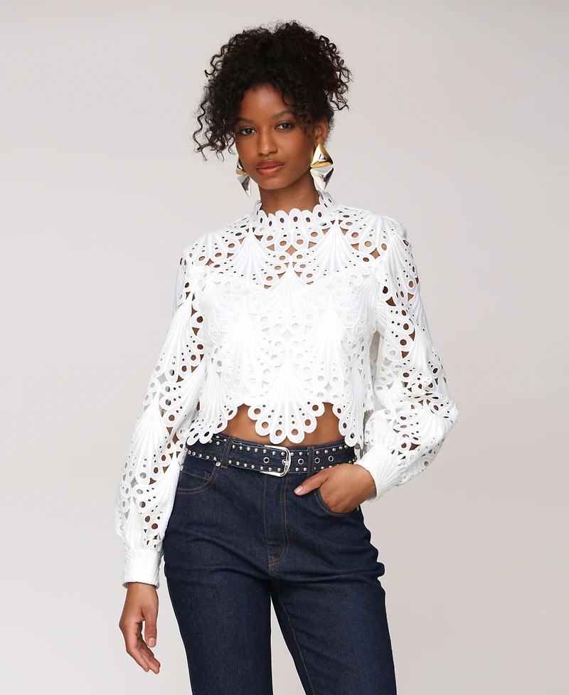 Avec Les Filles Women's High Neck Eyelet Top