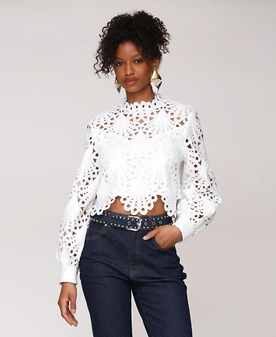 Avec Les Filles Women's High Neck Eyelet Top