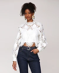 Avec Les Filles Women's High Neck Eyelet Top