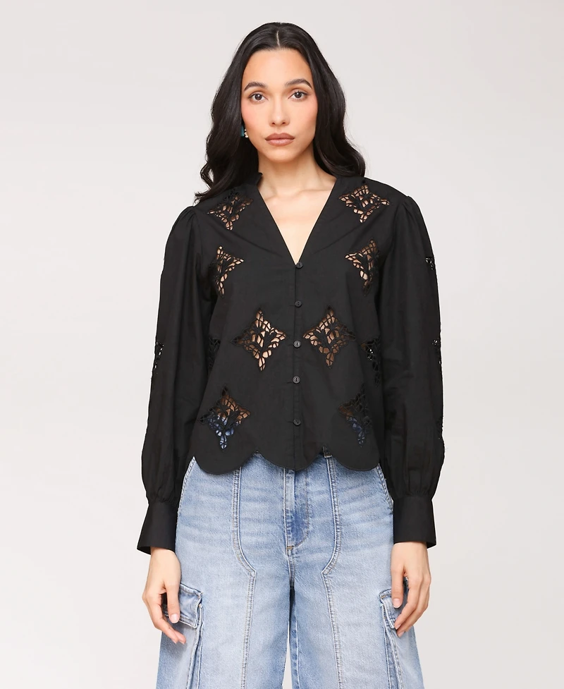 Avec Les Filles Women's Puff Sleeve Cropped Lace Scallop Button Up Blouse