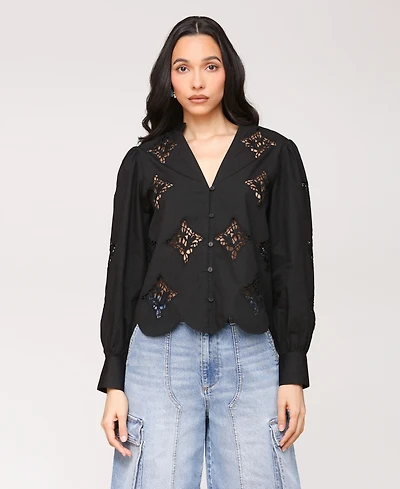 Avec Les Filles Women's Puff Sleeve Cropped Lace Scallop Button Up Blouse