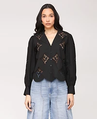 Avec Les Filles Women's Puff Sleeve Cropped Lace Scallop Button Up Blouse