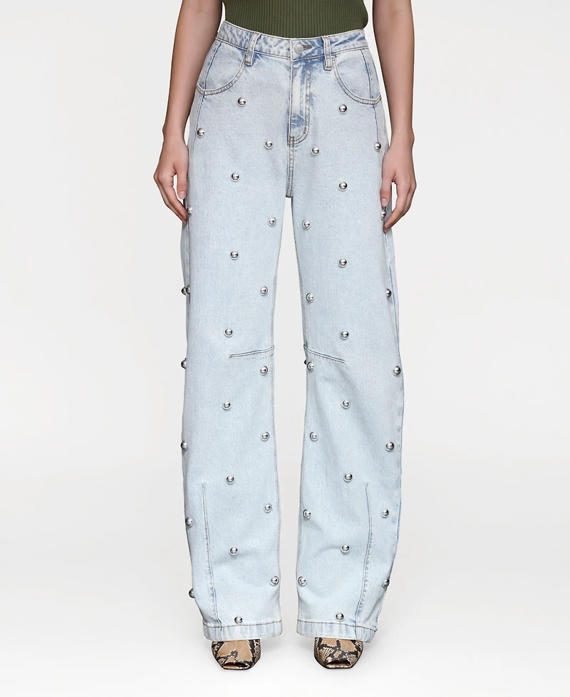 Avec Les Filles Women's All Over Stud Straight Leg Denim Jeans